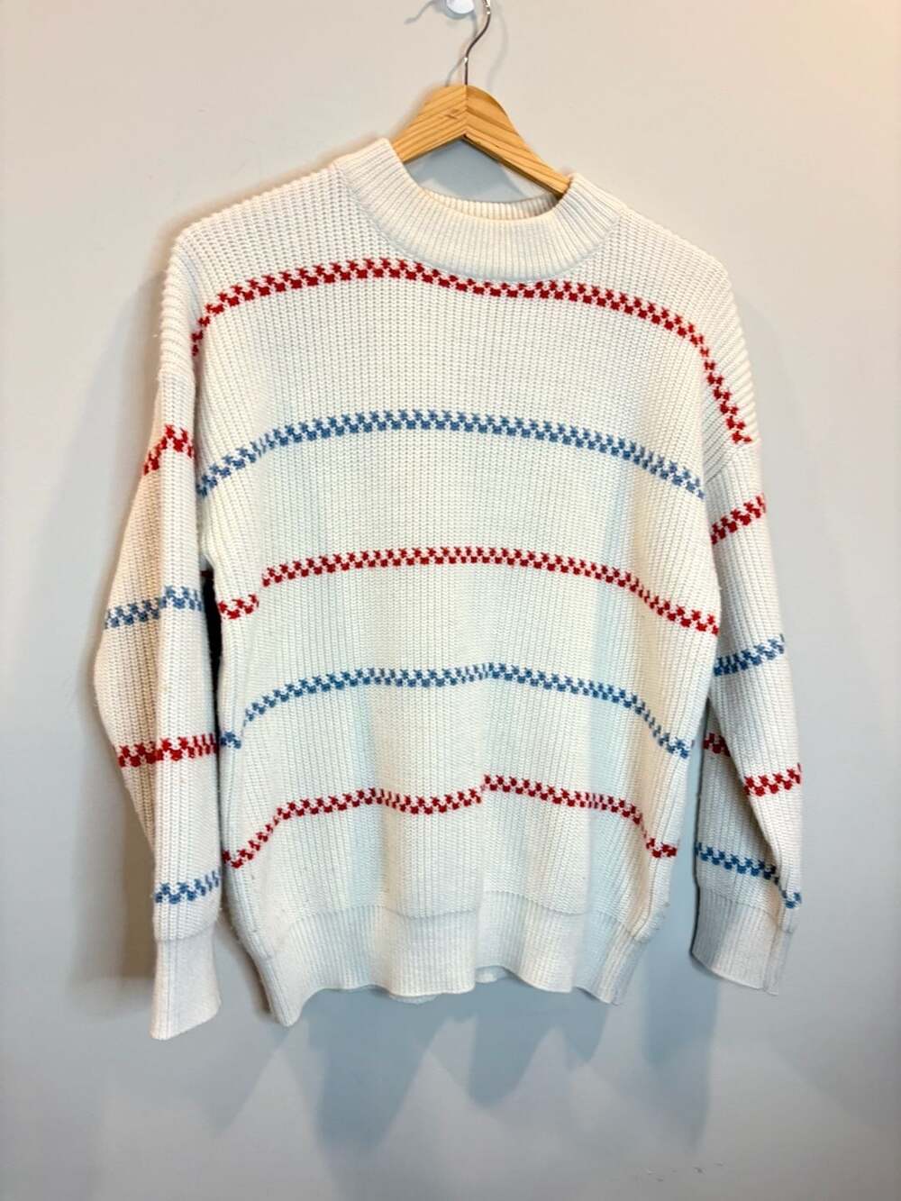 IMG Red and Blue Striped Ribbed Knit Mock Neck Pullover Sweater